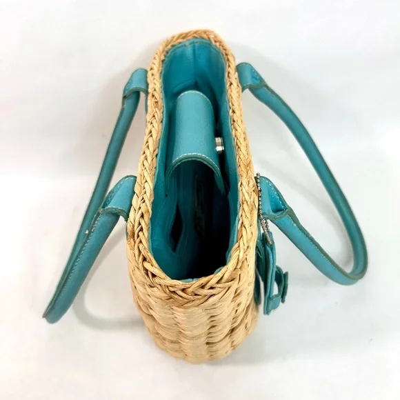 Caribbean Joe Straw Wicker Bag with Turquoise Leather Accents - Picture 6 of 11